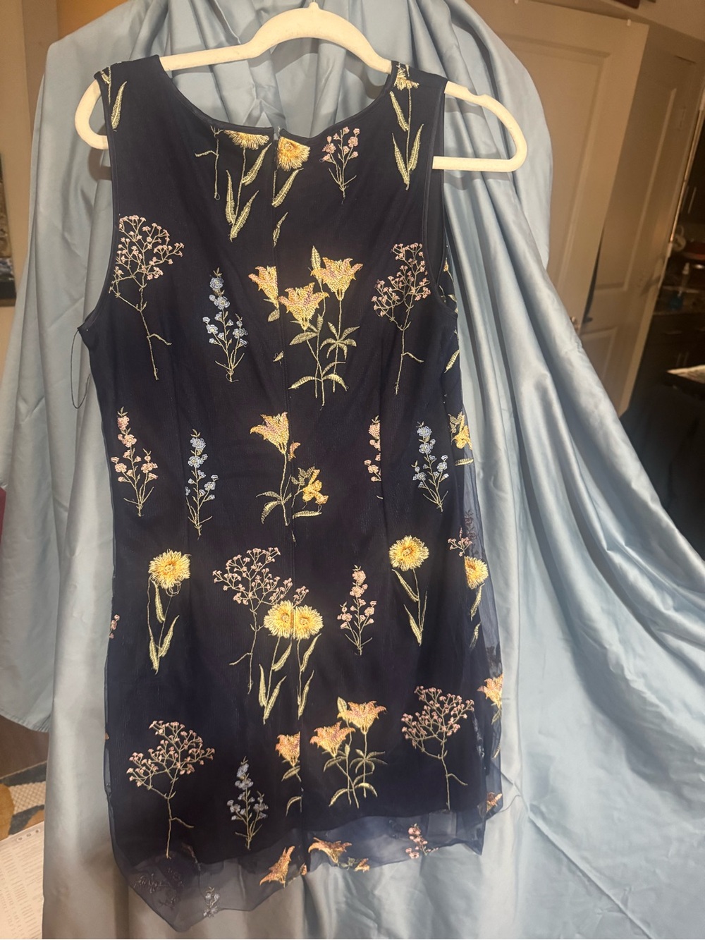 Jessica Howard Navy Dress with Gold Floral Embroidery